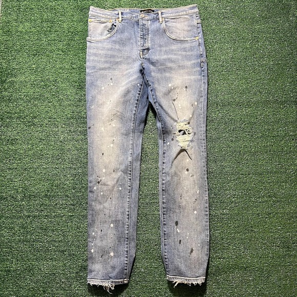 Purple Brand Jeans Mens 32x31 Blue P002 Distressed Slim Tapered Paint Splatter